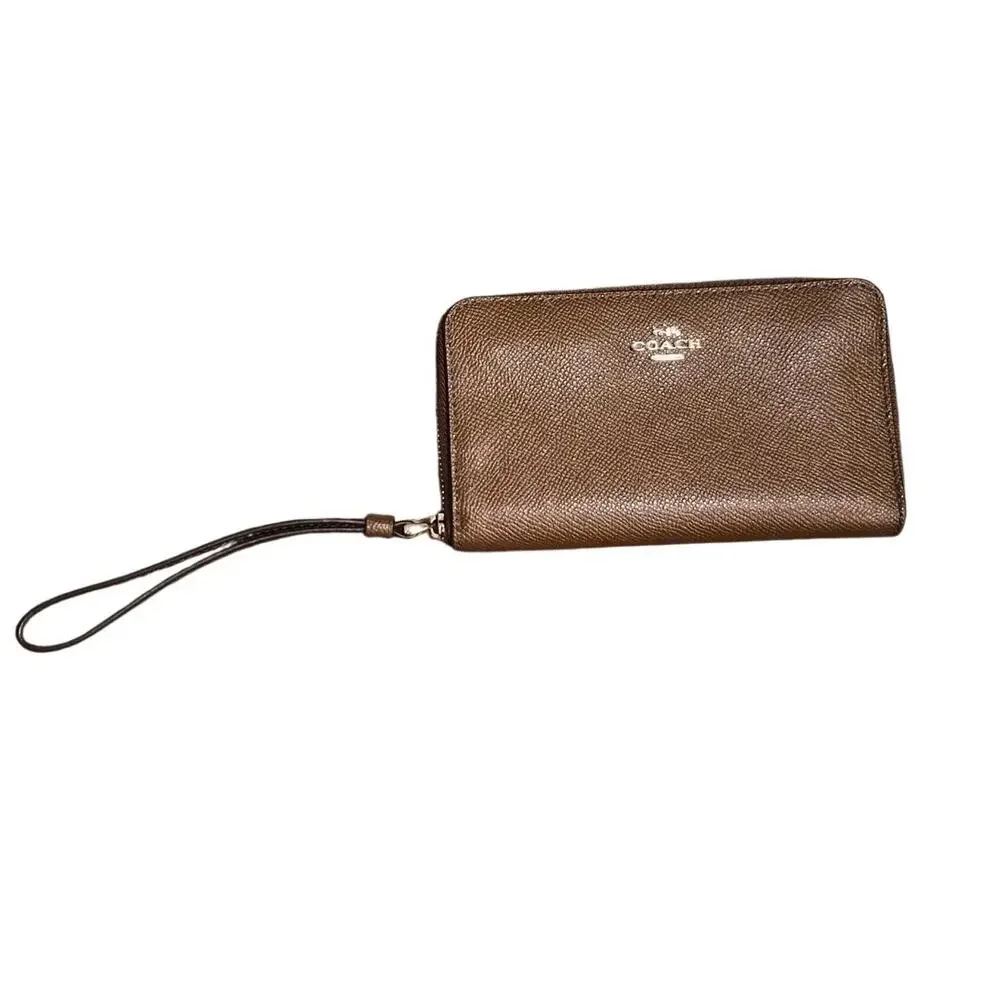 Coach Long Zip Around Wallet Wristlet Gold Hardware Wrist Strap Brown Saddle